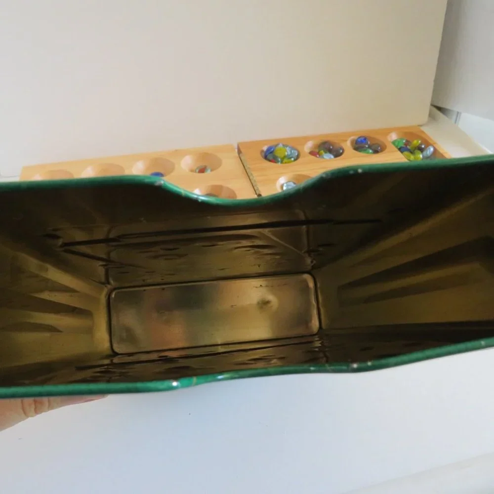 MANCALA GAME Solid Oak Wood Tray, Metal box & 47 Marbles